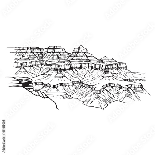Detailed black and white hand-drawn illustration of the grand canyon landscape perspective