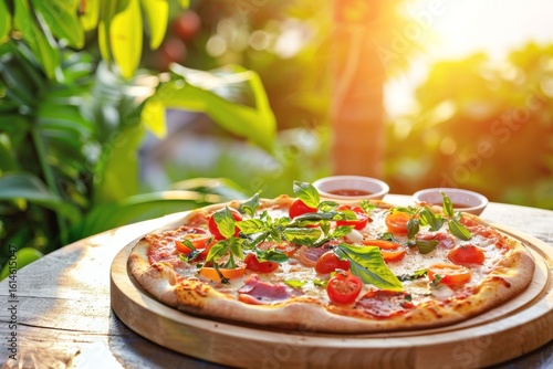 Freshly made pizza topped with tomatoes and basil served outdoors during sunset