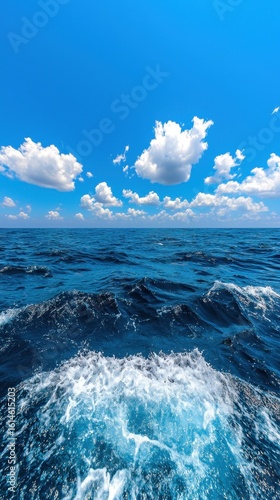 Majestic Ocean Waves Under Bright Blue Sky with Fluffy White Clouds