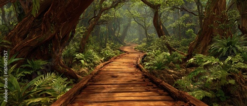 A winding wooden path through a lush green forest, surrounded by dense foliage and trees.