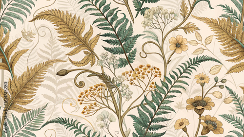Modern botanical pattern with seamless vines, ferns and wildflowers. High resolution. Pastel golden brown tone. Designed for printing on luxury fabrics.
