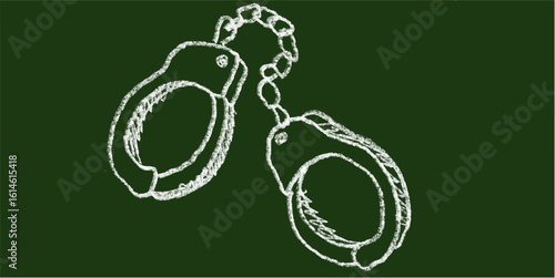 Chalk hand-drawn handcuff icon on green chalkboard. Simple doodle vector representing arrest, police, crime, security, detention, law enforcement, and justice system.