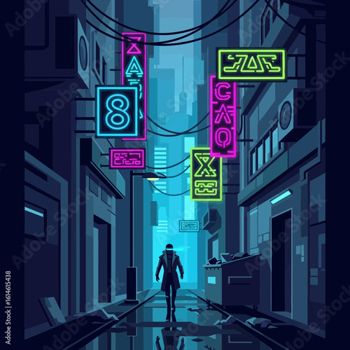 Person walking in a dark alley with neon signs in a city.
