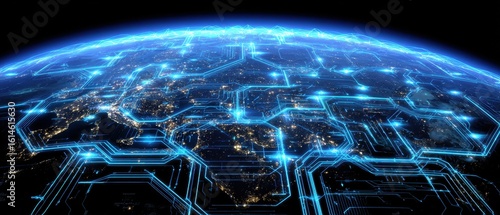 Futuristic digital network overlaying a glowing Earth in space.