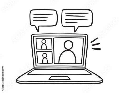 video conference laptop meeting or online learning icon doodle hand drawn. Outline line drawing 