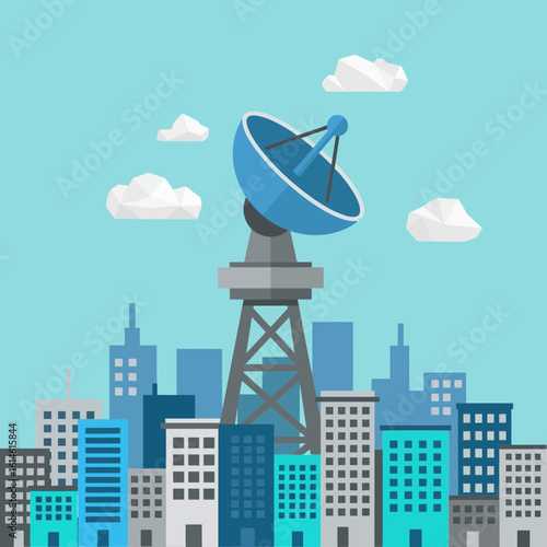 A satellite dish on a tower stands before a city skyline illustration.
