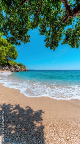 Serene Coastal View with Clear Water and Sandy Beach Framed by Lush Greenery