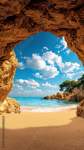 Serene Coastal View from Cave Opening Overlooking Clear Blue Ocean and Sandy Beach