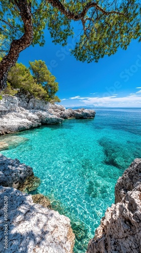 Tranquil Seascape with Clear Blue Water and Rocky Shoreline Under Bright Sky