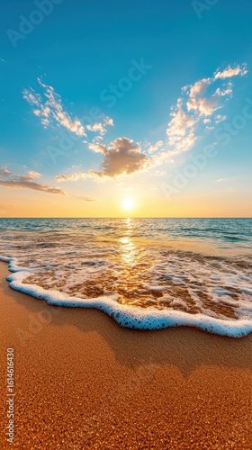 Serene Sunset Over Calm Ocean Waves with Reflective Water and Golden Sand Beach