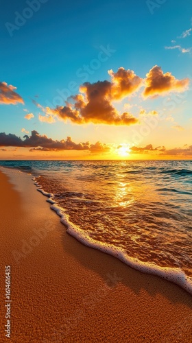 Serene Sunset Over Calm Ocean Waves with Golden Sand and Colorful Clouds