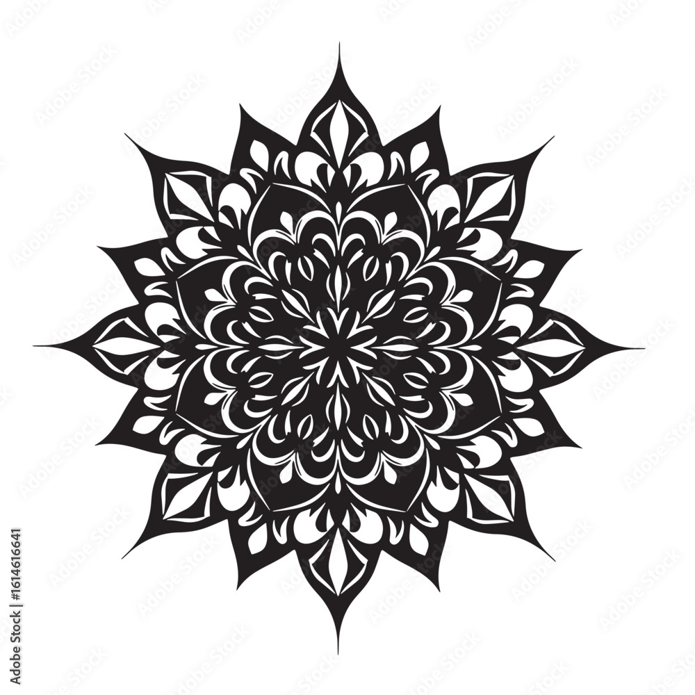 Fototapeta premium Intricate black and white mandala design with ornamental flourishes and decorative floral elements
