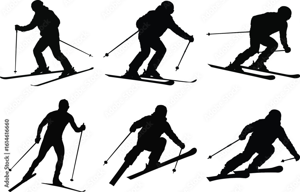 Fototapeta premium Skiing silhouette vector collection of skier in action, performing jumps, turns, and cross-country movements