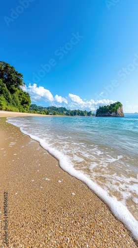 Scenic Tropical Beach with Gentle Waves and Lush Greenery Under Clear Blue Sky