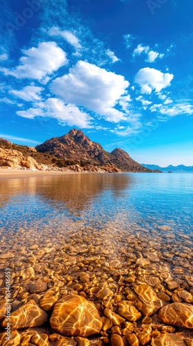 Tranquil Rocky Shoreline with Clear Water and Scenic Mountain Reflection