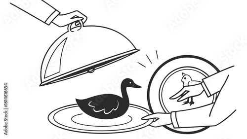 Delicious gourmet duck and bird dish presentation with elegant service for restaurant menu and fine dining