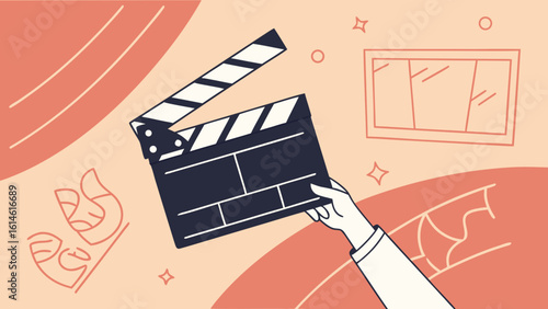 Film production clapperboard movie making and theater stage hand holding clapboard cinema industry illustration