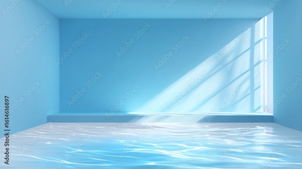 Obraz premium The scene showcases a modern, minimalist room painted in shades of blue, with water covering the floor. Sunlight filters through a window, creating gentle reflections on the surface.