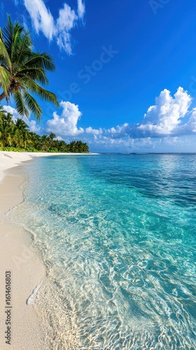 Serene Tropical Beach with Crystal Clear Waters and Lush Green Palm Trees