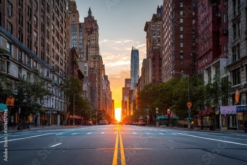 Sunset casts a warm glow over empty streets and sidewalks at Avenue, creating a peaceful urban atmosphere