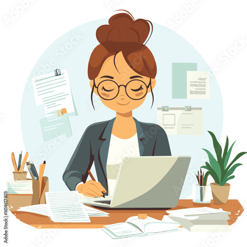 Focused businesswoman working at desk with laptop and paperwork