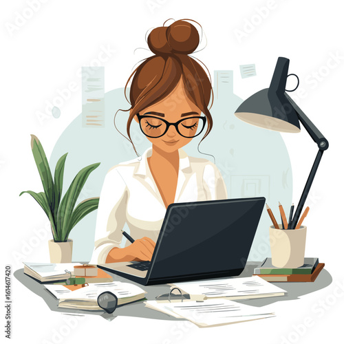 Focused businesswoman working at desk with laptop and paperwork