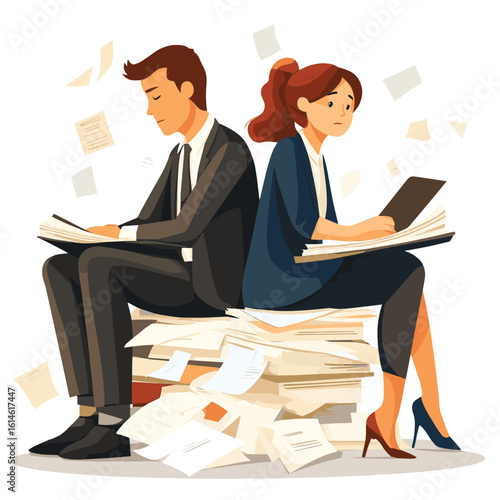 Stressed business people overwhelmed by long contract