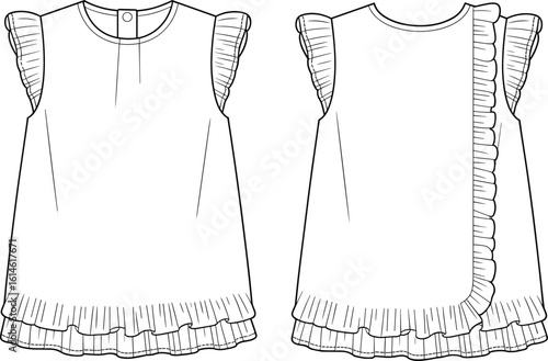 cad drawing flat vector illustration, girls frill sleeve dress front and back view, ruffle hem, pleated detail, children fashion sketch
