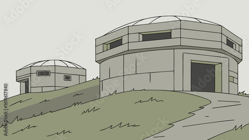 Illustration of concrete bunkers on a grassy hill for military architecture and defense structure design concept