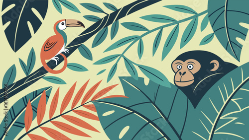 Colorful jungle illustration with toucan and monkey tropical rainforest wildlife scene vector art design