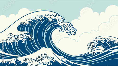 Vector illustration of ocean waves seascape with clouds, great wave, sea, and ocean art design elements