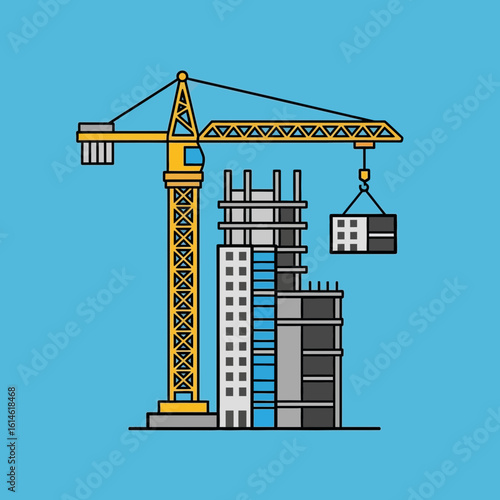 Construction site with crane lifting object near a building under construction.