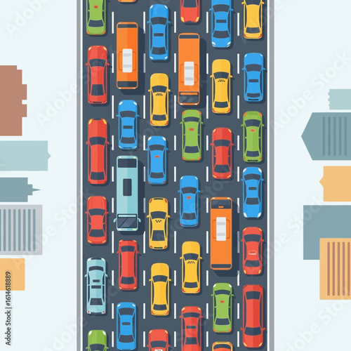 Traffic jam illustration showing many cars on a road with buildings.