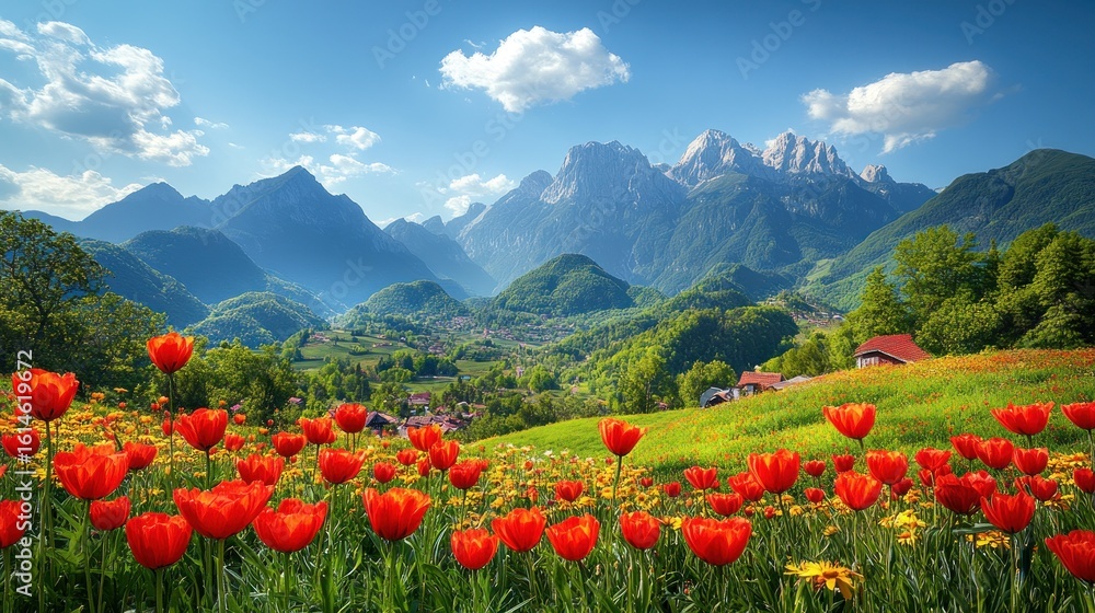 Mountain valley panorama, vibrant red tulips Mountain valley panorama, vibrant red tulips