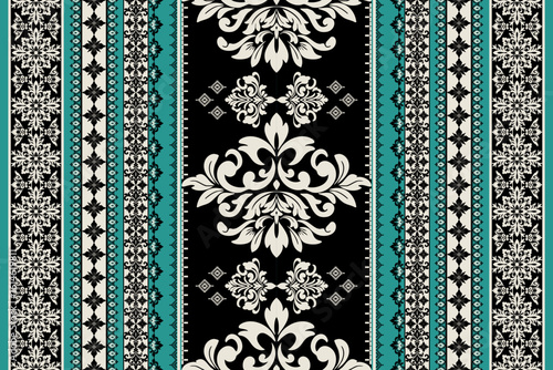 Seamless white and black floral damask shape with geometric ethnic tradition pattern texture on natural pastel green background