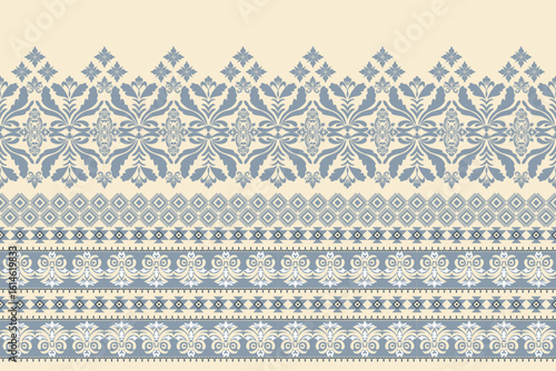 Seamless pastel blue and white floral damask shape with geometric ethnic tradition pattern texture on natural light yellow background