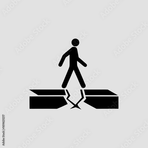 Black silhouette of person walking across cracked ground on white background vector