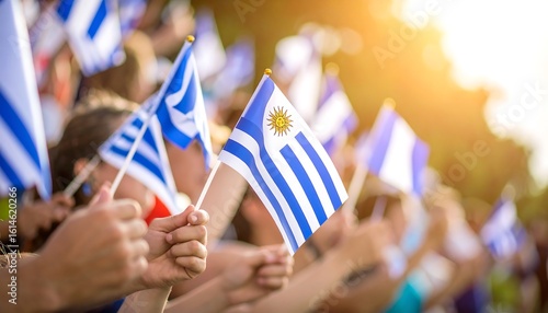 Children holding Uruguayan flags in a crowd