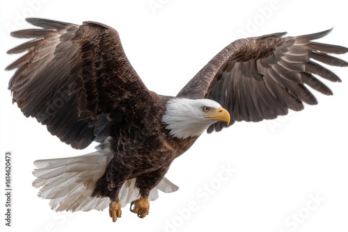 Bald eagle soaring gracefully in the sky showcasing its impressive wingspan and majestic appearance during a sunny day