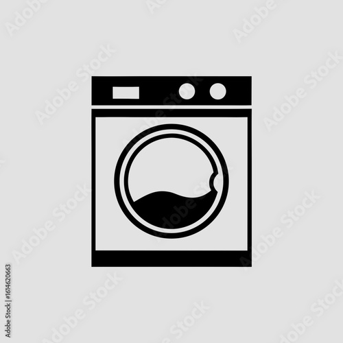 Black vector icon of a front loading washing machine with water laundry appliance