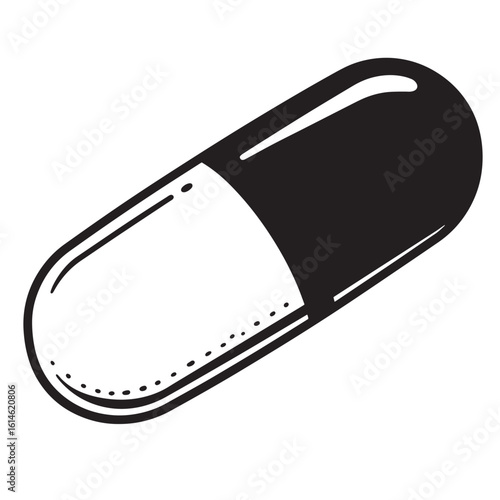 Black and white illustration of a capsule medicine symbol for health and pharmaceutical design