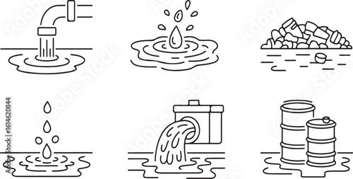Doodle Line Icons of Water Pollution Sources Factory Waste Pipe, Oil Spill, Trash in River, Sewage Outflow, and Chemical Barrels