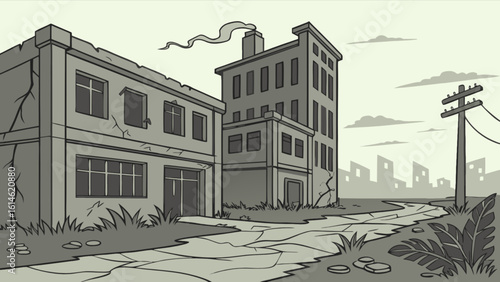 Explore abandoned city landscape with decaying buildings and vintage power pole illustration vector art