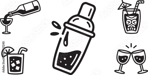 Hand-Drawn Alcohol and Bar Icons Pack Cocktail Shaker, Wine Bottle Pouring, Tiki Drink, Glass with Ice, Cheers Clinking Glasses