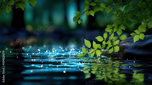 Glistening leaves reflecting on tranquil water surface forest nature photography serene environment close-up view
