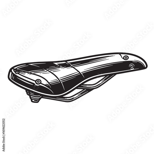 Detailed black and white illustration of a bicycle saddle isolated on a white background