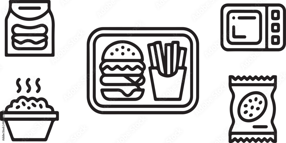 Hand-Drawn Ready Meals Line Icon Set Plastic Tray Meal, Packaged Burger, Heat-and-Eat Bowl, Instant Rice, and Snack Box Hand-Drawn Ready Meals Line Icon Set Plastic Tray Meal, Packaged Burger, Heat-and-Eat Bowl, Instant Rice, and Snack Box