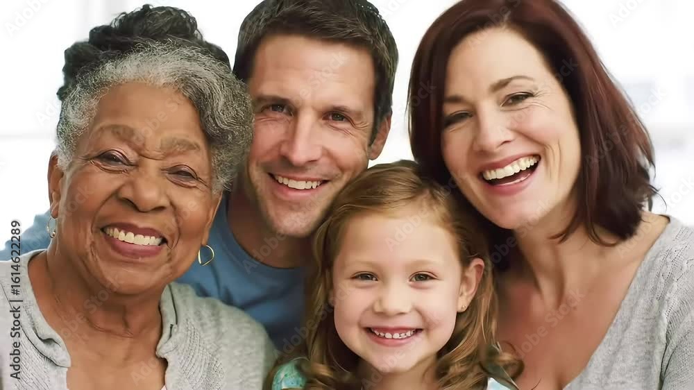 Happy multigenerational family portrait indoors, bright background, family bonding Happy multigenerational family portrait indoors, bright background, family bonding