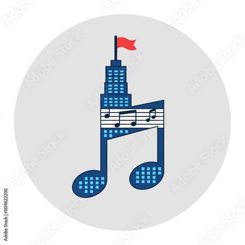Tower combined with musical note with flag on top in a circle.