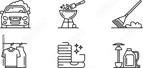 Hand-Drawn Summer Chores Icon Pack Washing Car, Cleaning BBQ Grill, Sweeping Deck, Folding Laundry, and Garden Tool Maintenance